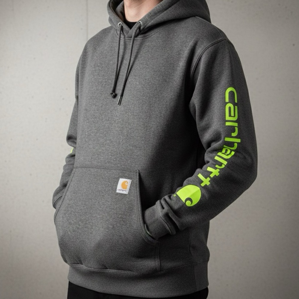 Carhartt K288 Gray Neon Yellow Sleeve Logo Loose Fit Hoodie Size S Small